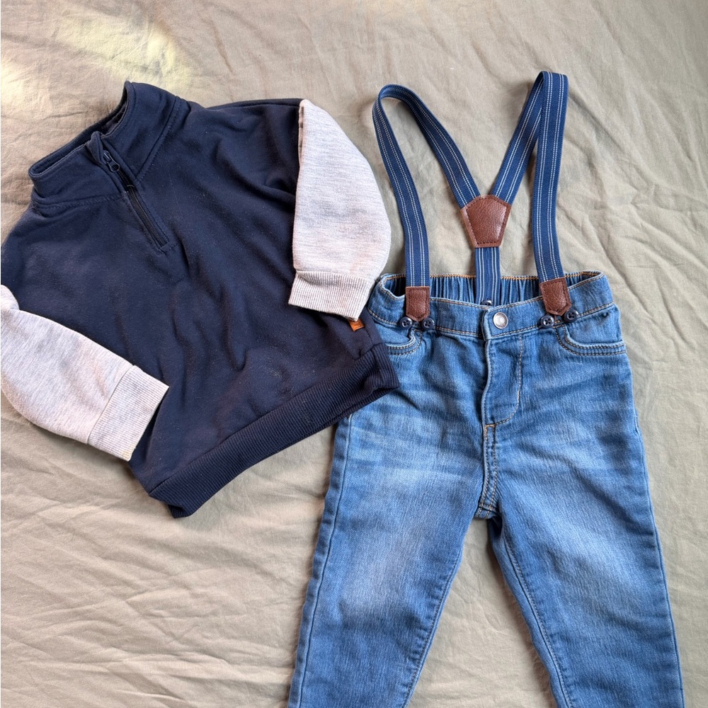 Navy and Gray Pullover with Blue Jeans and Suspenders
